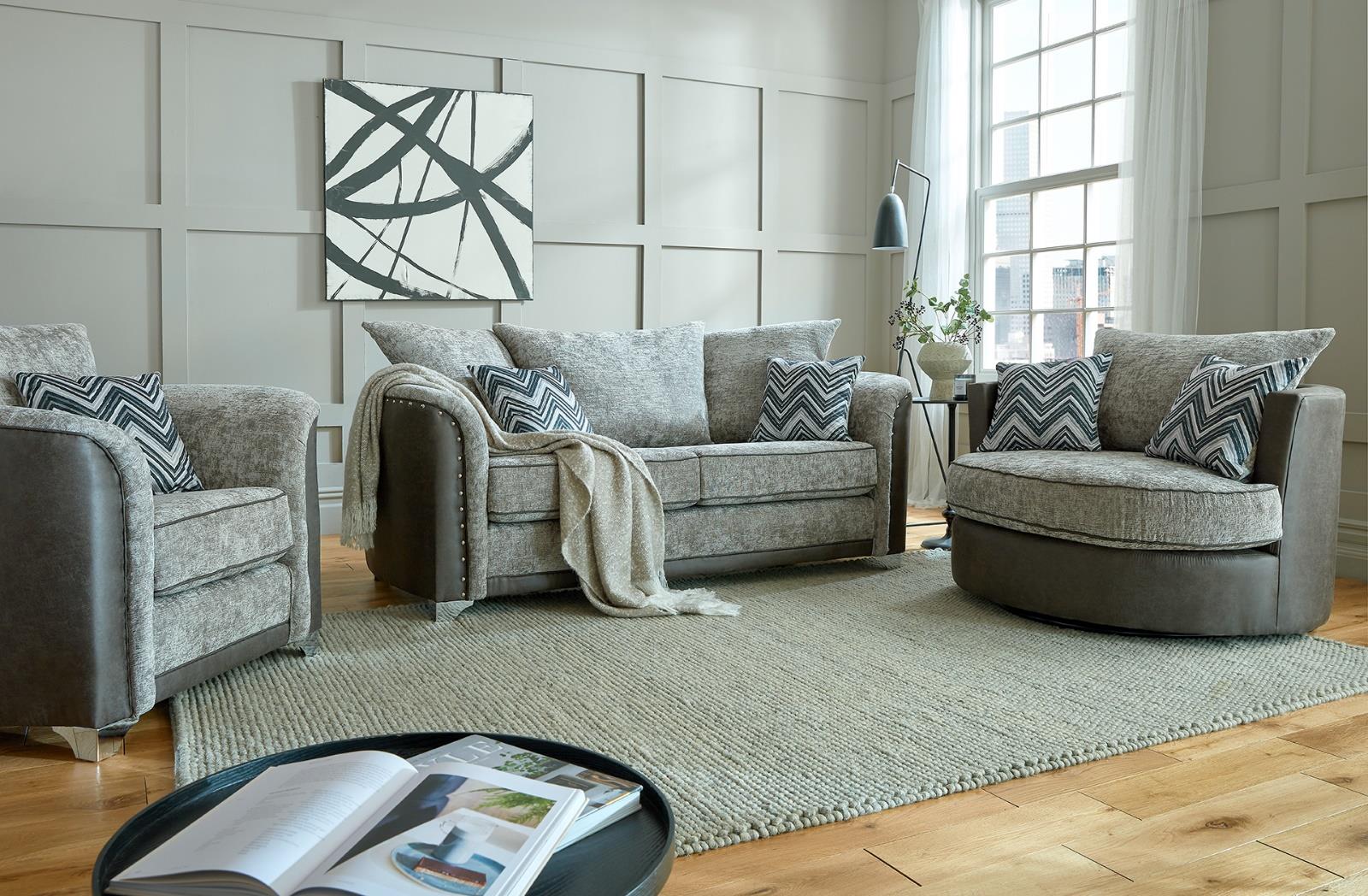 Richmond 3 Seater Sofa In Olivia Silver Fabric And Colorado Graphite Faux Leather